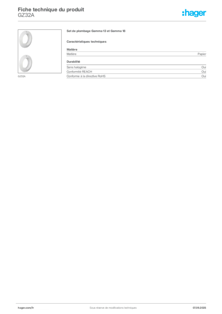 Image Hager Fiche technique du produit GZ32A | Hager France