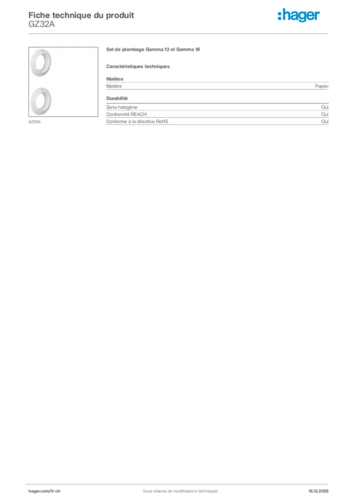 Image Hager Fiche technique du produit GZ32A | Hager Suisse