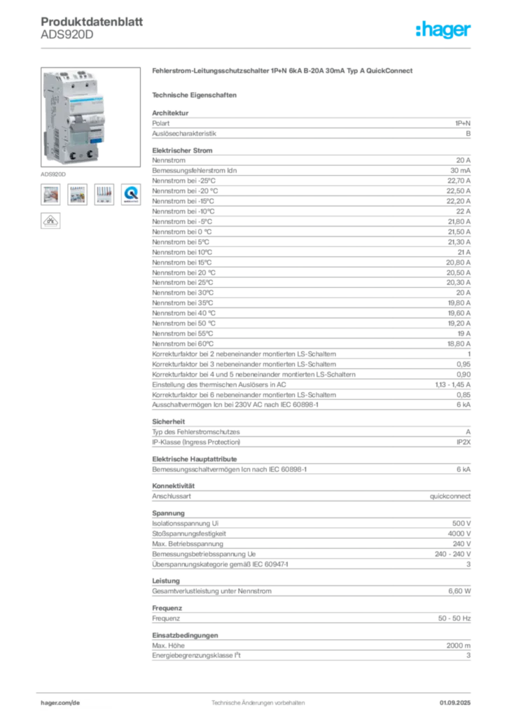 Hager Produktdatenblatt ADS920D