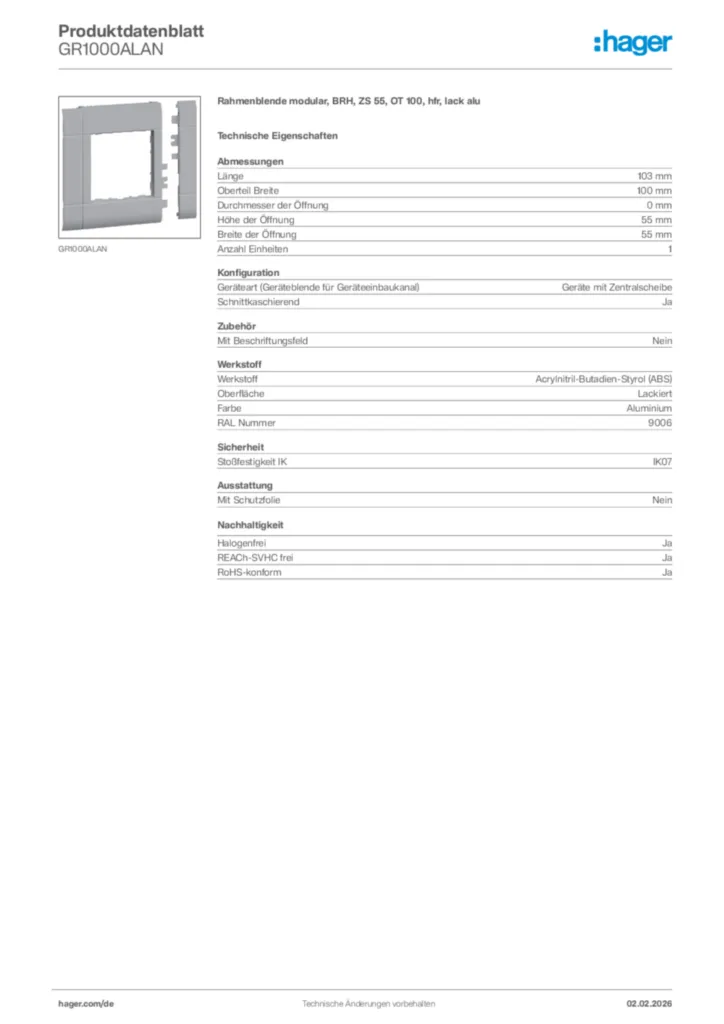 Bild Hager Produktdatenblatt GR1000ALAN | Hager Deutschland