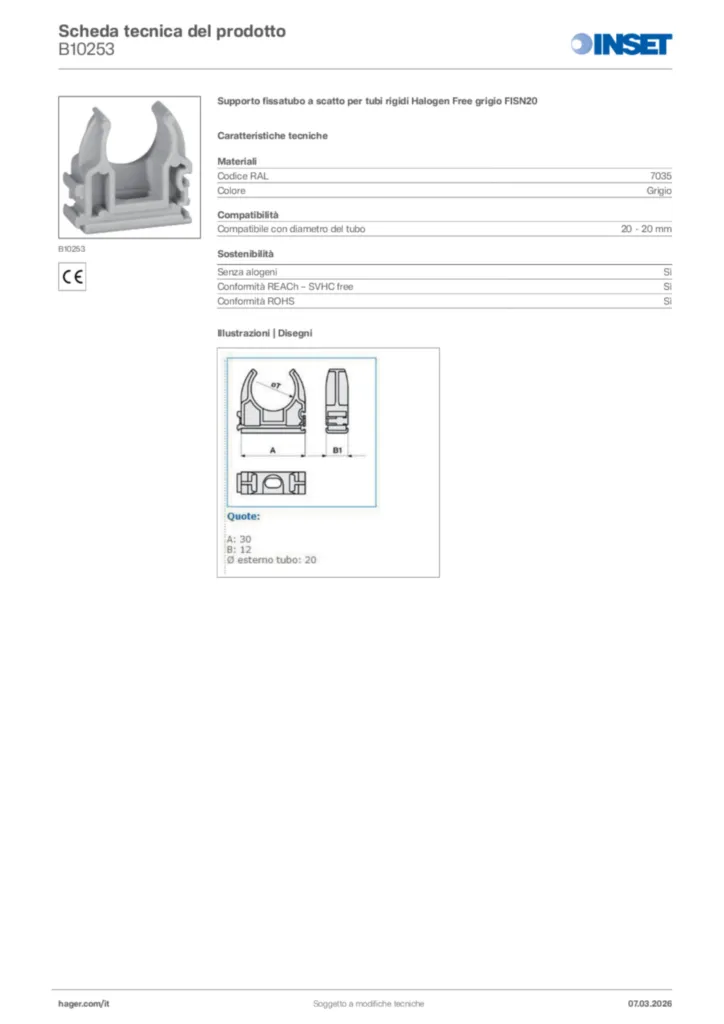 Immagine Inset Scheda tecnica del prodotto B10253 | Hager Italia