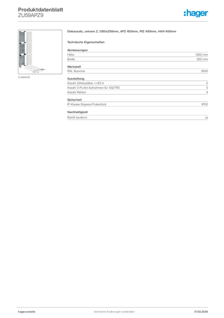 Bild Hager Produktdatenblatt ZU59APZ9 | Hager Deutschland