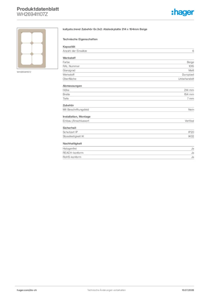 Bild Hager Produktdatenblatt WH26941107Z | Hager Schweiz