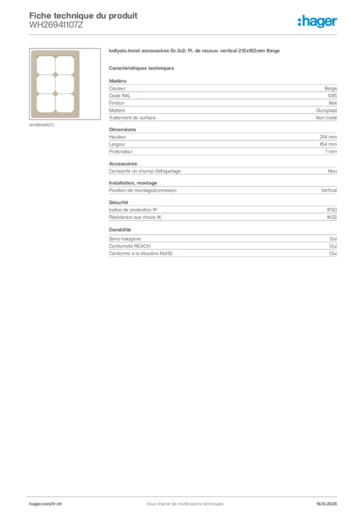 Image Hager Fiche technique du produit WH26941107Z | Hager Suisse