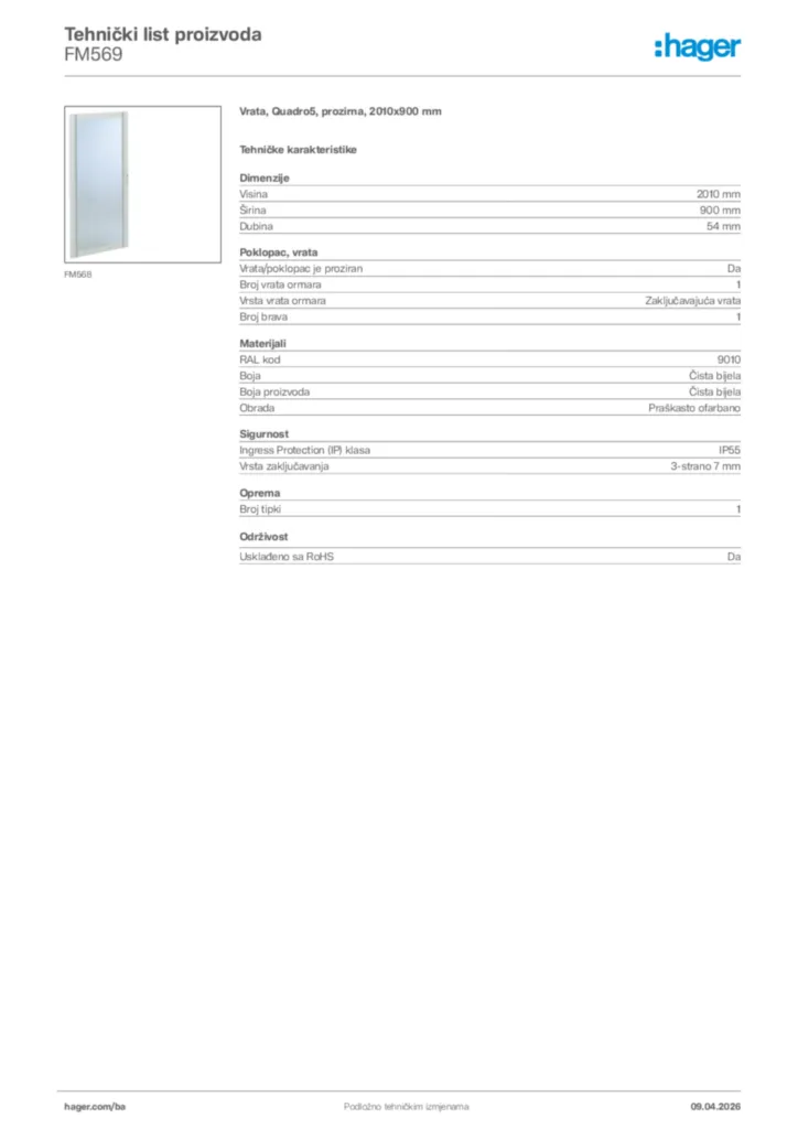 Slika Hager Tehnički list proizvoda FM569  | Hager