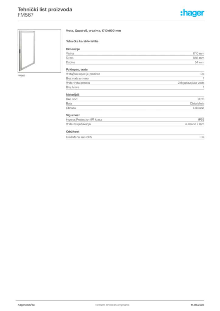 Slika Hager Product data sheet FM567  | Hager