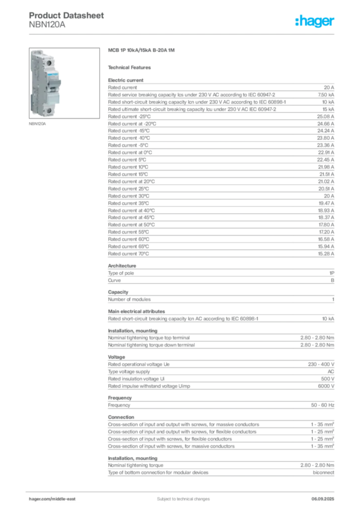 Image Hager Product data sheet NBN120A  | Hager