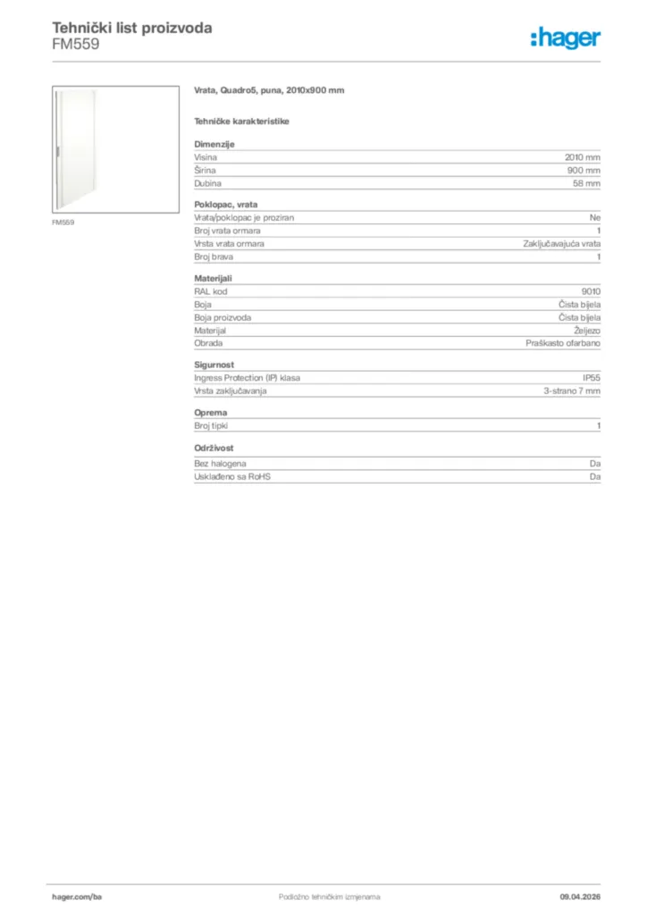 Slika Hager Tehnički list proizvoda FM559  | Hager
