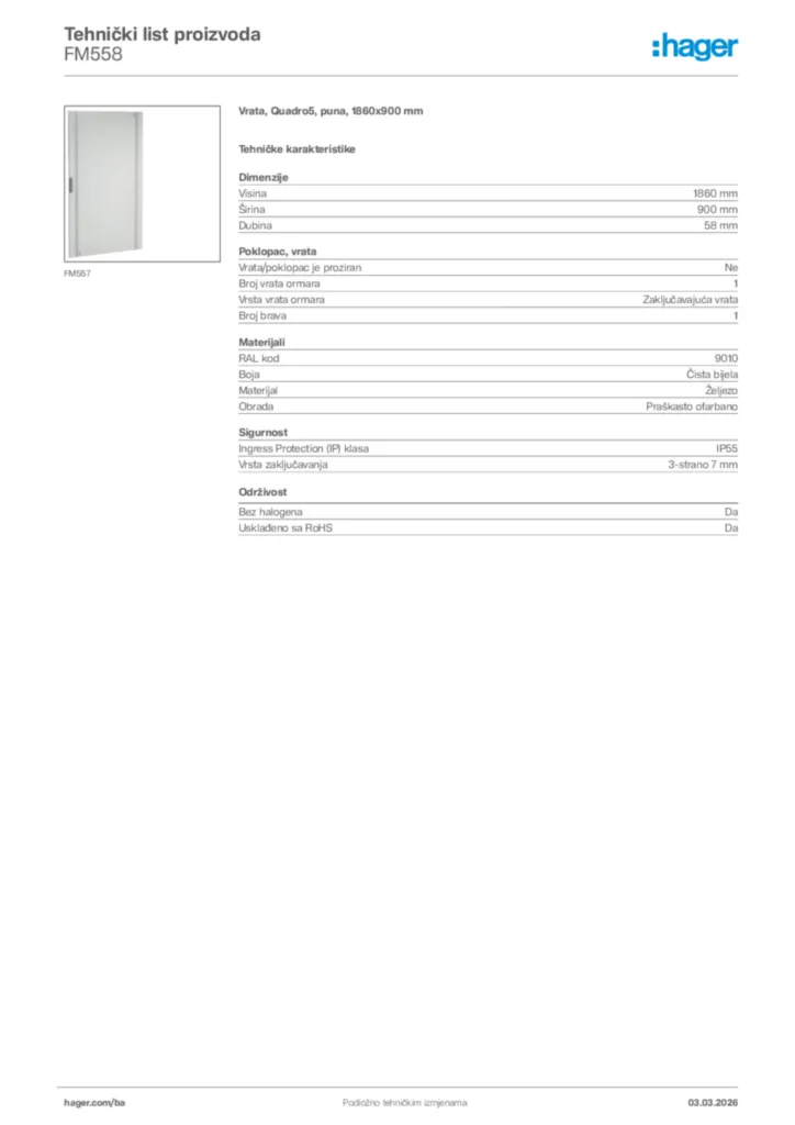 Slika Hager Tehnički list proizvoda FM558  | Hager