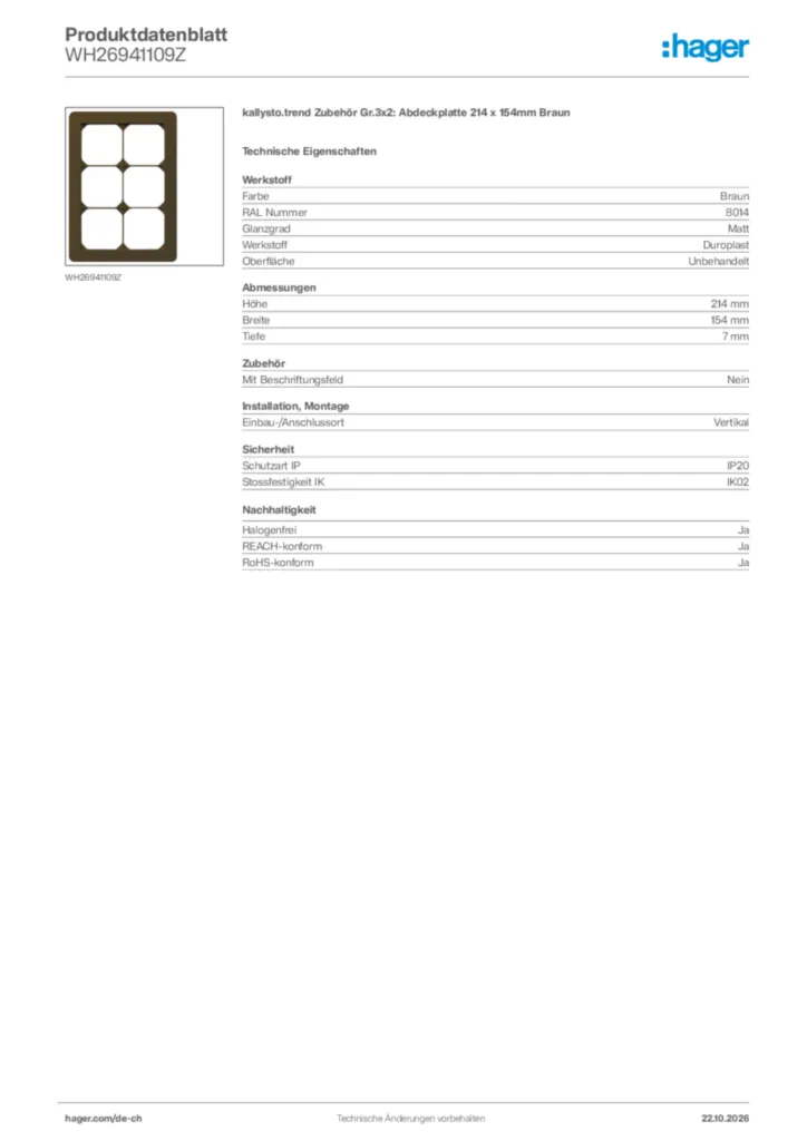 Bild Hager Produktdatenblatt WH26941109Z | Hager Schweiz
