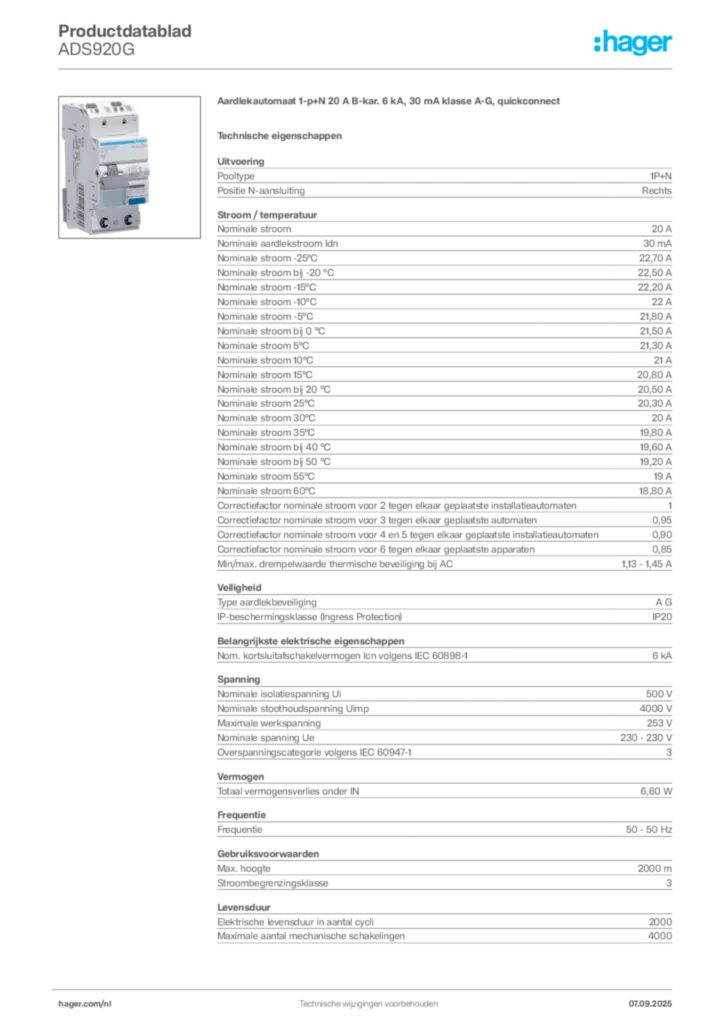 Afbeelding Hager Productdatablad ADS920G | Hager Nederland