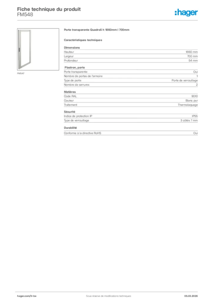 Image Hager Fiche technique du produit FM548 | Hager Belgique