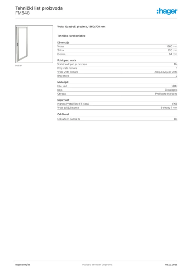 Slika Hager Tehnički list proizvoda FM548  | Hager