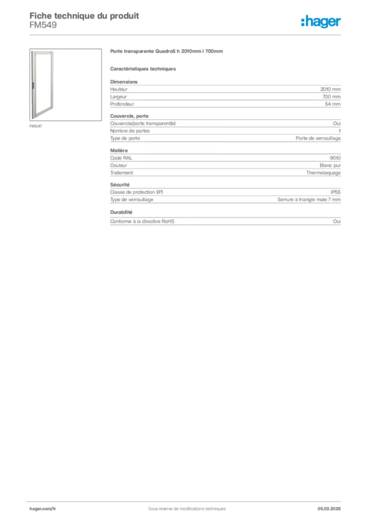 Image Hager Fiche technique du produit FM549 | Hager France