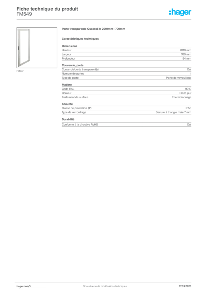 Image Hager Fiche technique du produit FM549 | Hager France