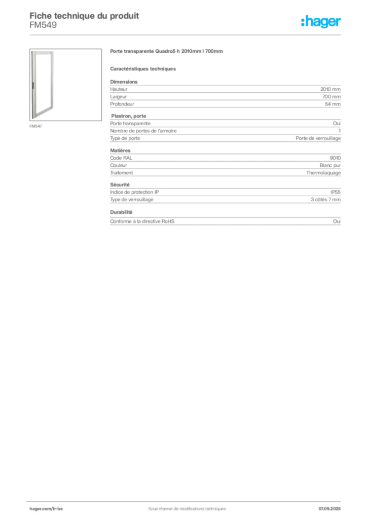 Image Hager Fiche technique du produit FM549 | Hager Belgique