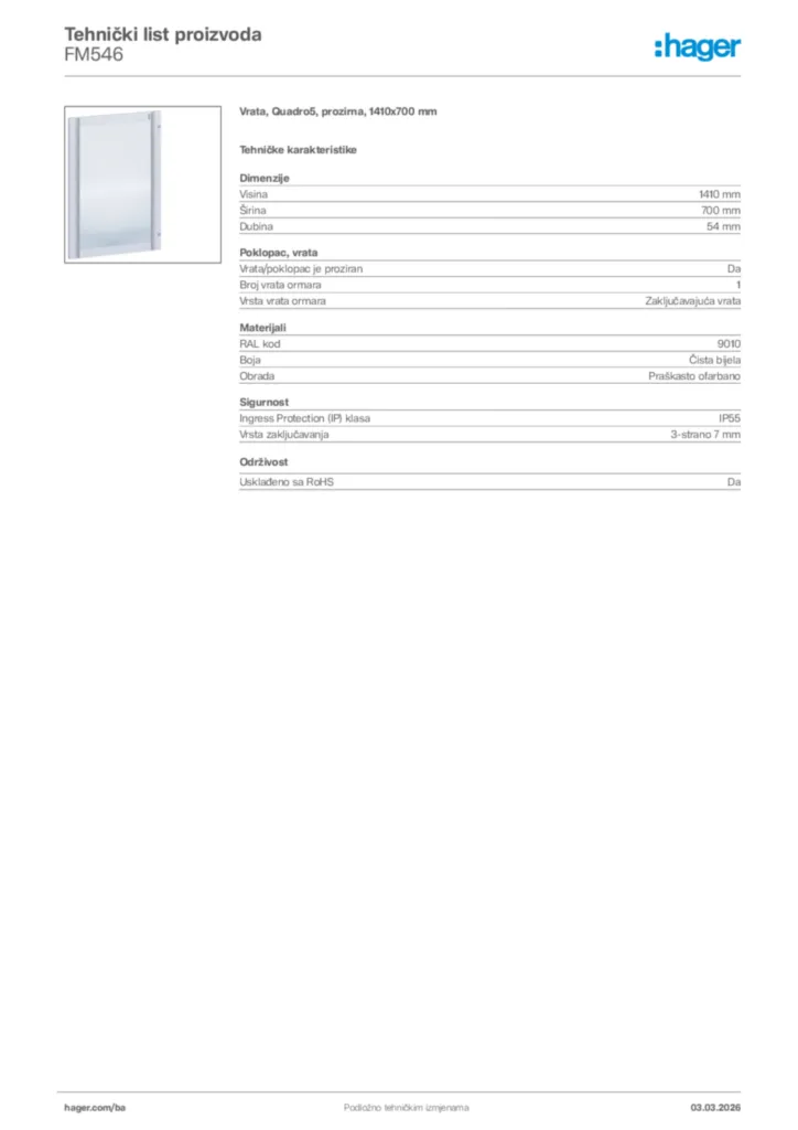 Slika Hager Tehnički list proizvoda FM546  | Hager
