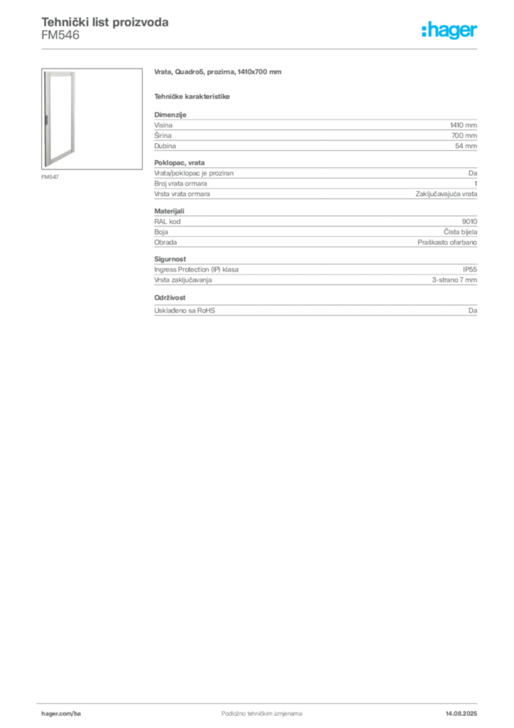 Slika Hager Product data sheet FM546  | Hager