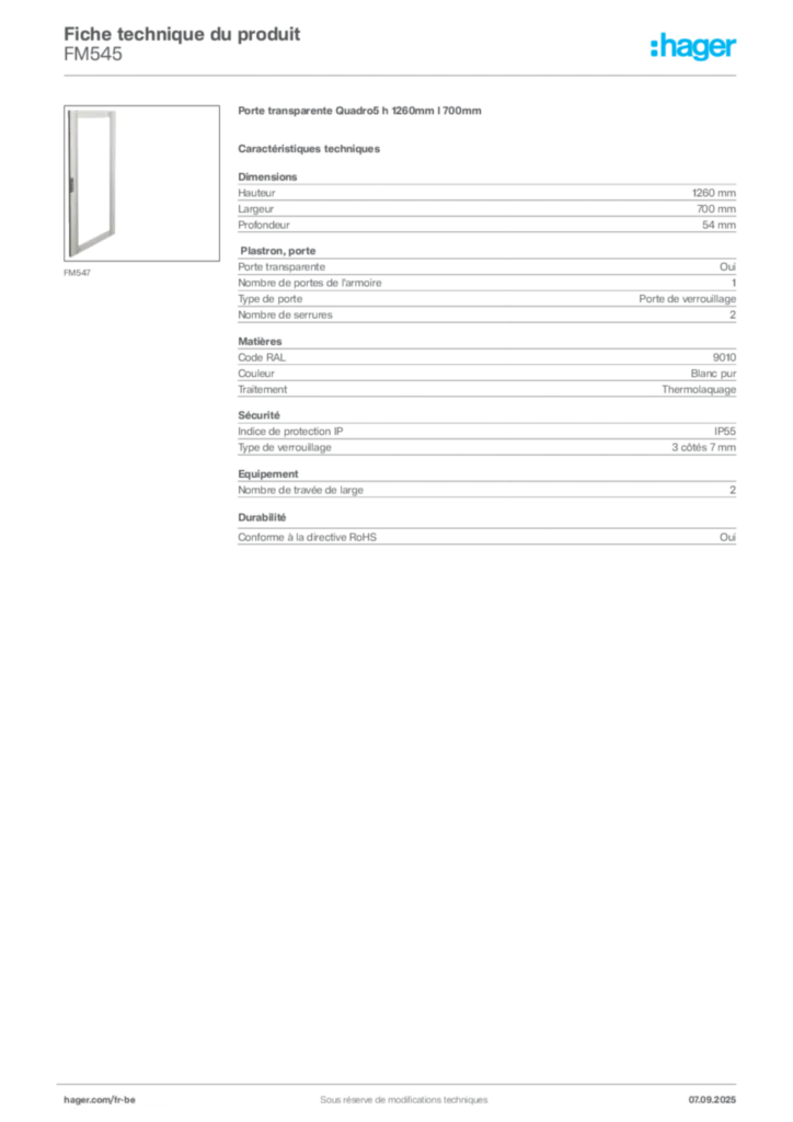 Image Hager Fiche technique du produit FM545 | Hager Belgique