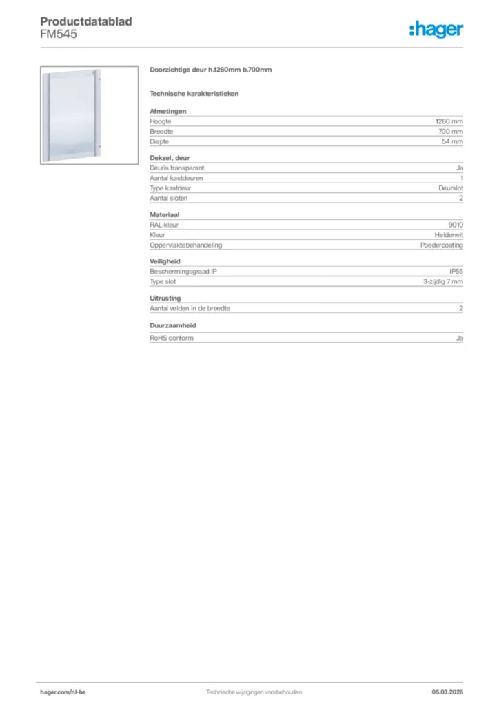 Afbeelding Hager Productdatablad FM545 | Hager Belgium