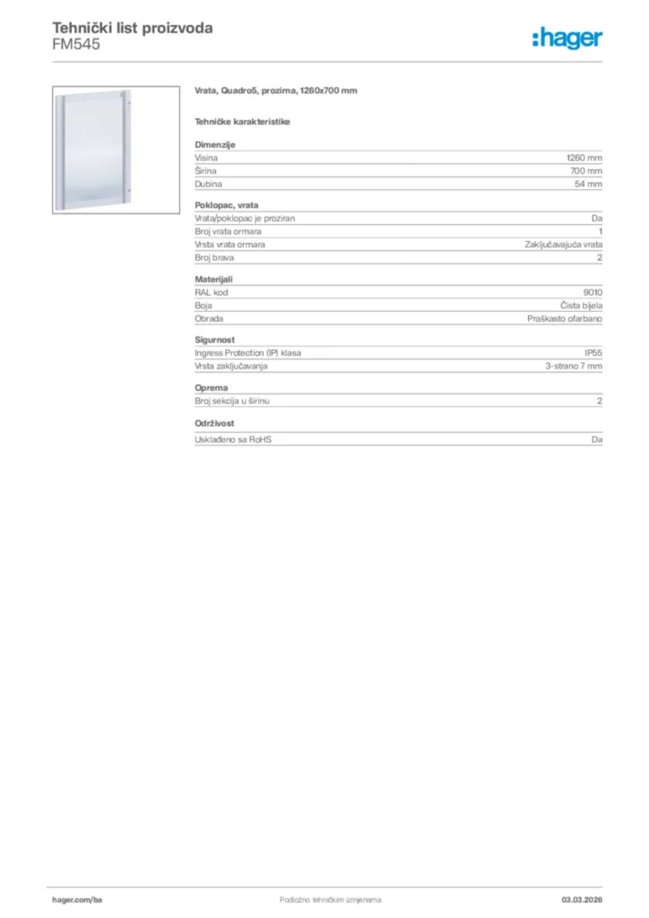 Slika Hager Tehnički list proizvoda FM545  | Hager