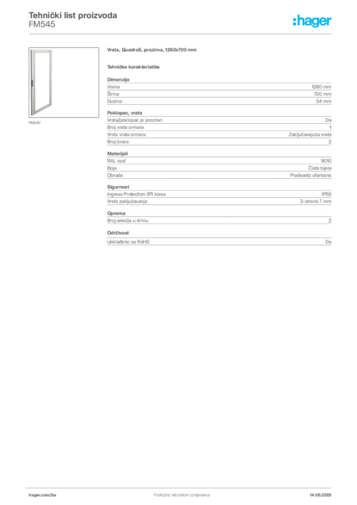 Slika Hager Product data sheet FM545  | Hager