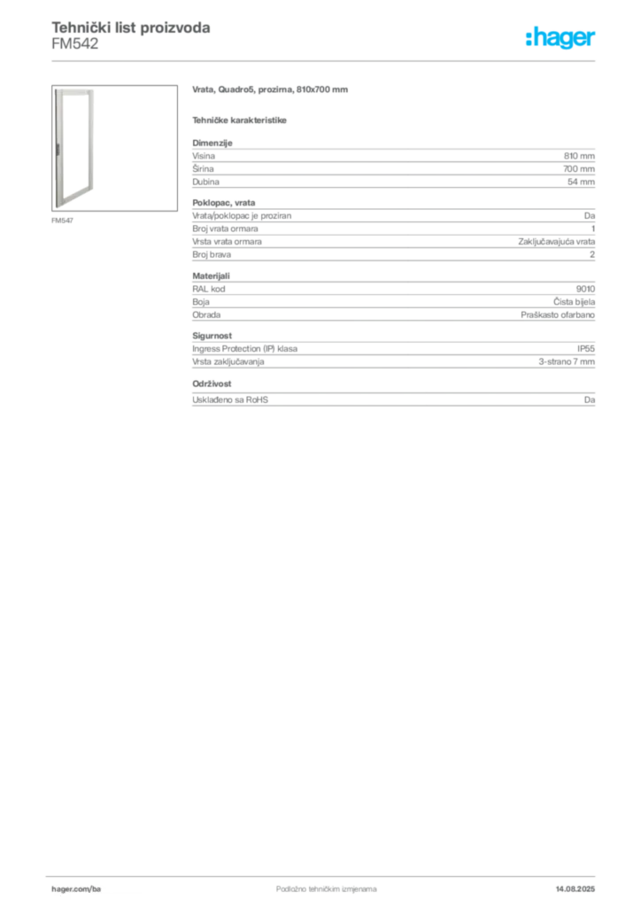 Slika Hager Product data sheet FM542  | Hager