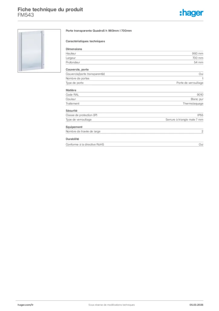 Image Hager Fiche technique du produit FM543 | Hager France