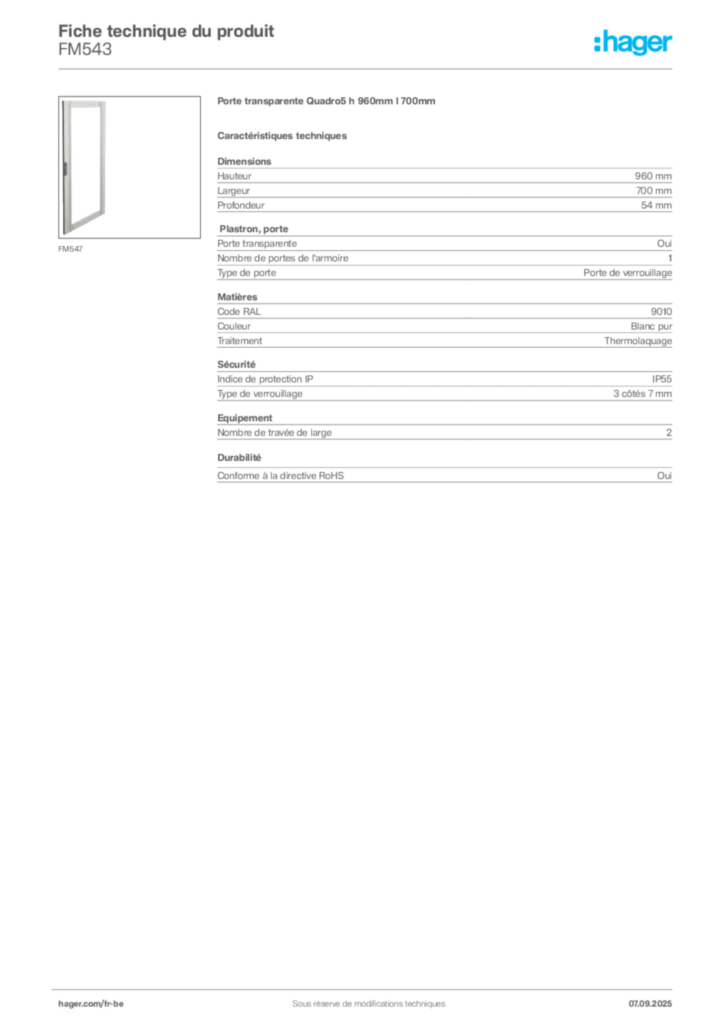 Image Hager Fiche technique du produit FM543 | Hager Belgique