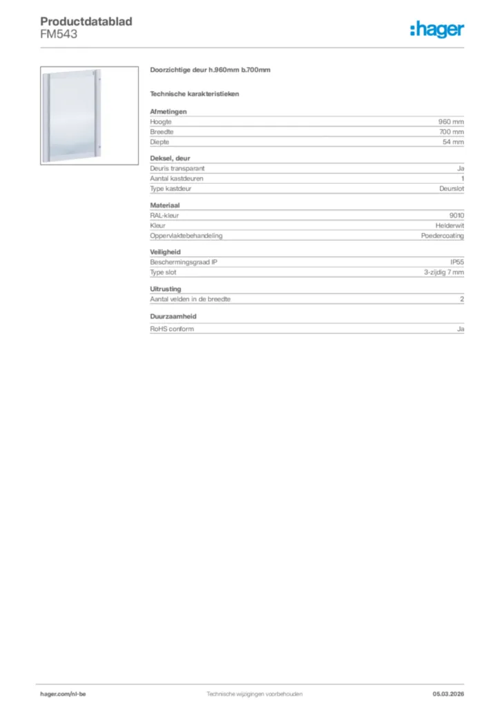 Afbeelding Hager Productdatablad FM543 | Hager Belgium