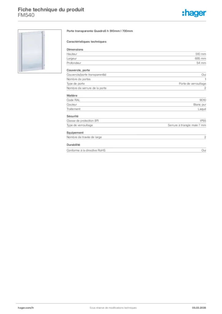 Image Hager Fiche technique du produit FM540 | Hager France