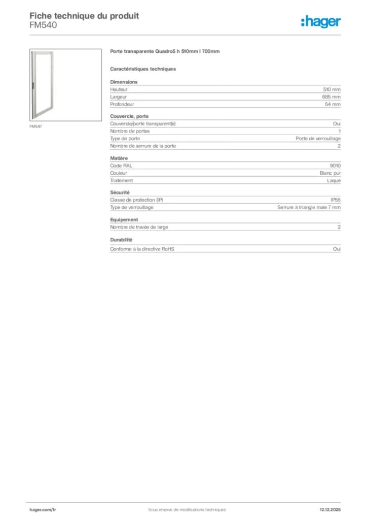 Image Hager Fiche technique du produit FM540 | Hager France