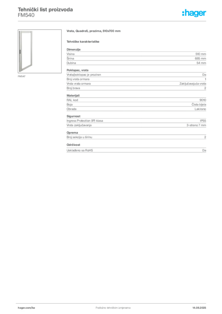 Slika Hager Product data sheet FM540  | Hager