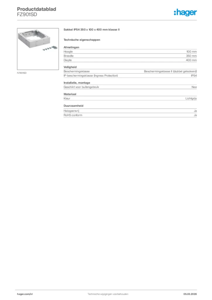 Afbeelding Hager Productdatablad FZ901SD | Hager Nederland
