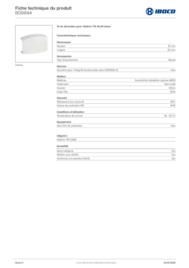 Image Iboco Fiche technique du produit B08844 | Hager France