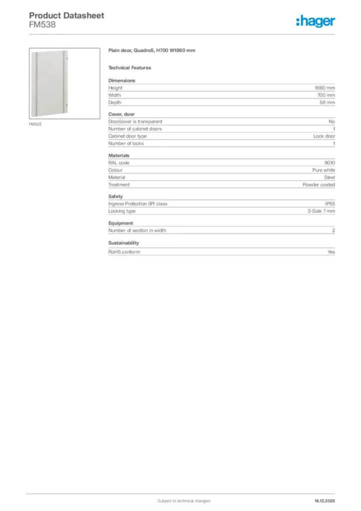 Image Hager Product data sheet FM538  | Hager Africa