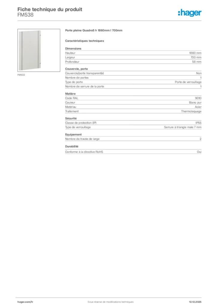 Image Hager Fiche technique du produit FM538 | Hager France