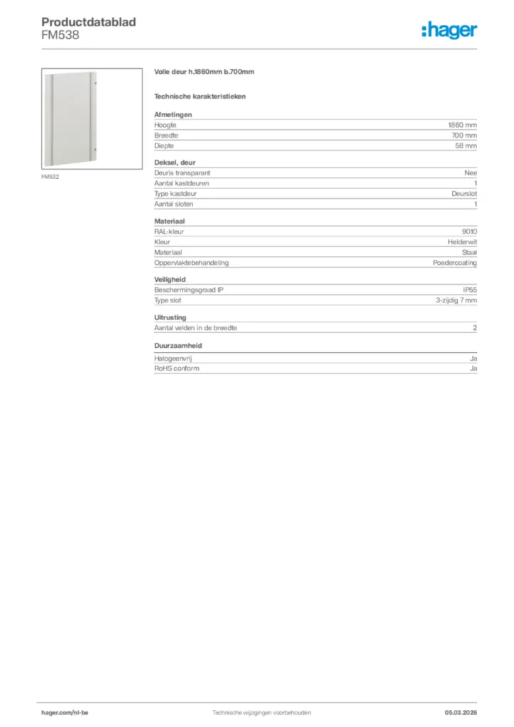 Afbeelding Hager Productdatablad FM538 | Hager Belgium