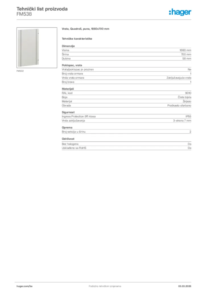 Slika Hager Tehnički list proizvoda FM538  | Hager
