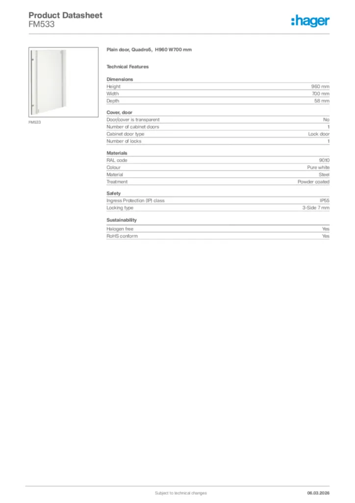 Image Hager Product data sheet FM533  | Hager Africa