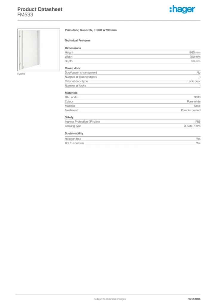 Image Hager Product data sheet FM533  | Hager Africa
