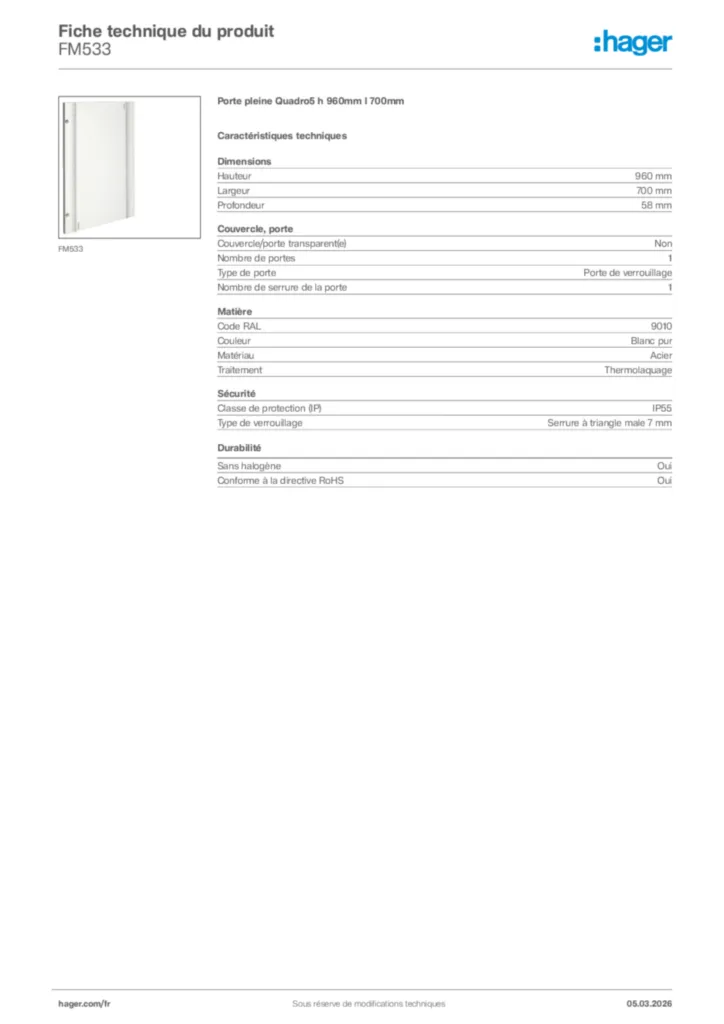 Image Hager Fiche technique du produit FM533 | Hager France