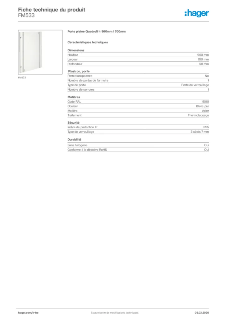 Image Hager Fiche technique du produit FM533 | Hager Belgique