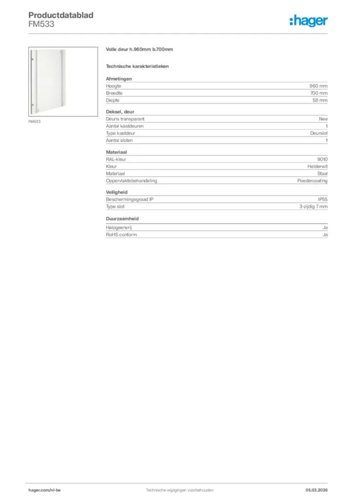 Afbeelding Hager Productdatablad FM533 | Hager Belgium