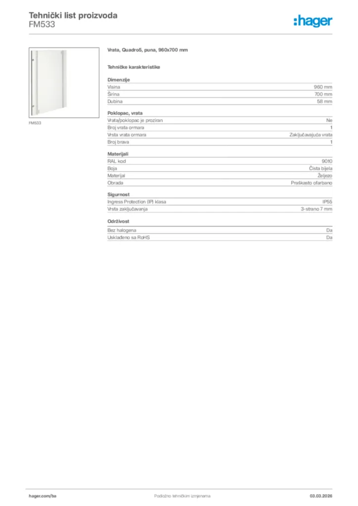 Slika Hager Tehnički list proizvoda FM533  | Hager