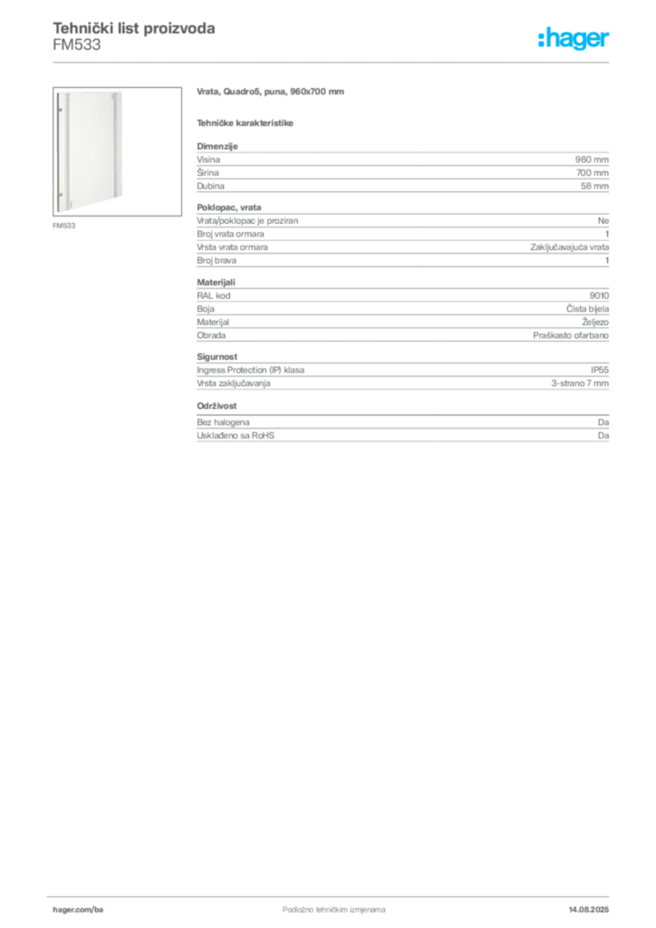 Slika Hager Product data sheet FM533  | Hager