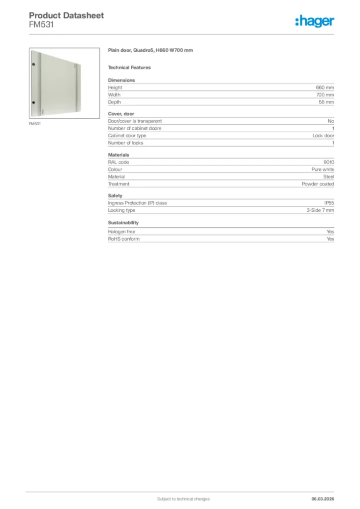 Image Hager Product data sheet FM531  | Hager Africa