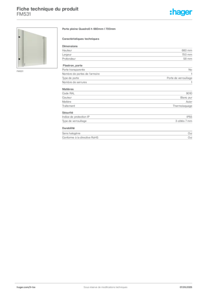 Image Hager Fiche technique du produit FM531 | Hager Belgique