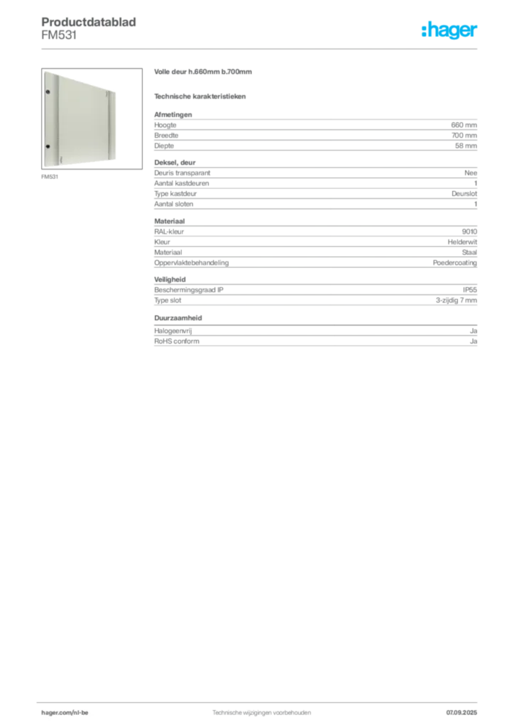 Afbeelding Hager Productdatablad FM531 | Hager Belgium