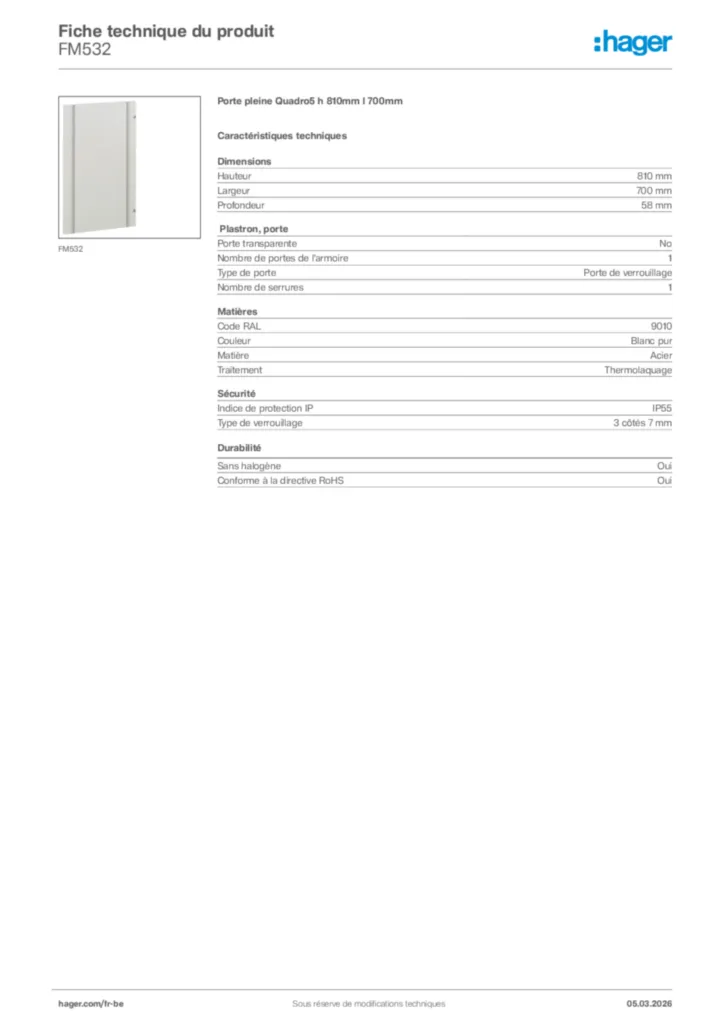 Image Hager Fiche technique du produit FM532 | Hager Belgique
